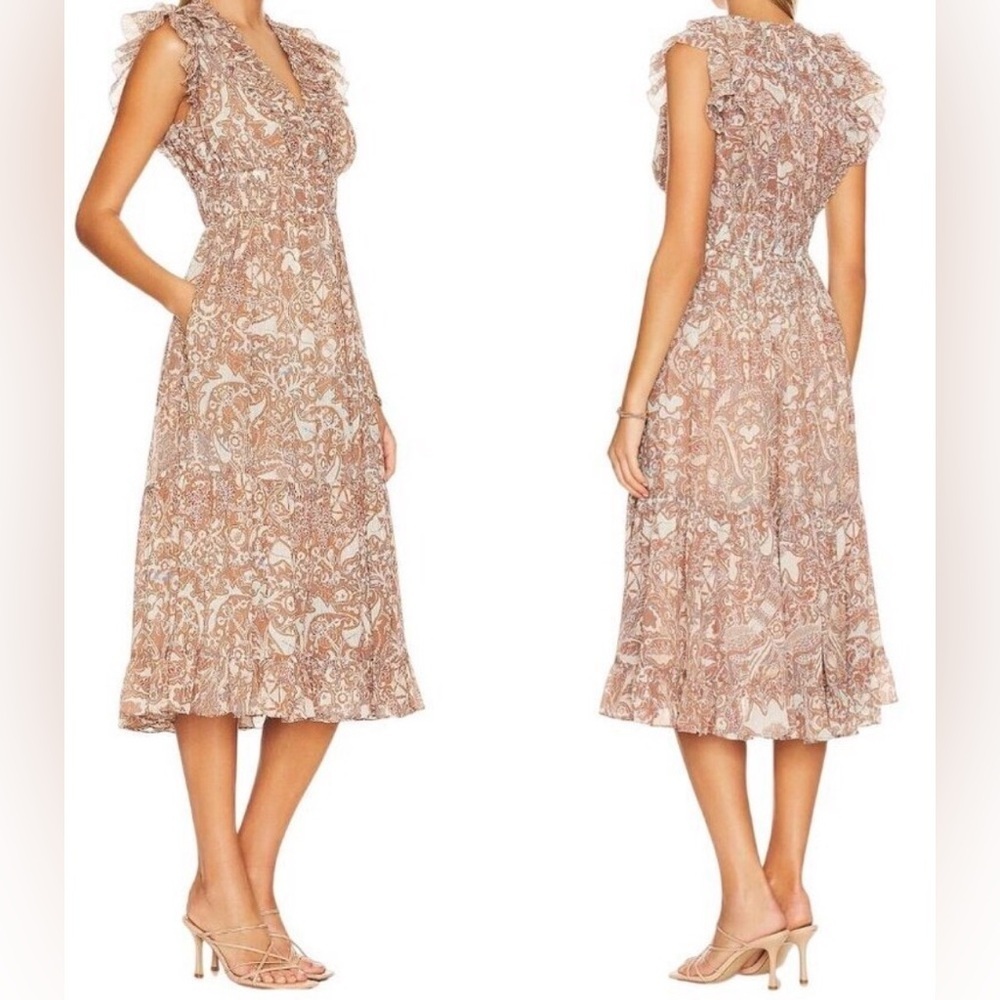 Ulla Johnson Blush Tan Paisley Ruffle Midi Dress